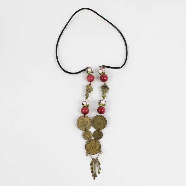 Vintage Peruvian Sol Coin Pink Ceramic Beaded Necklace 16.5"