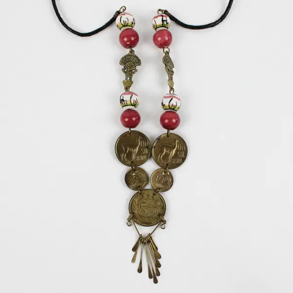 Vintage Peruvian Sol Coin Pink Ceramic Beaded Necklace 16.5"