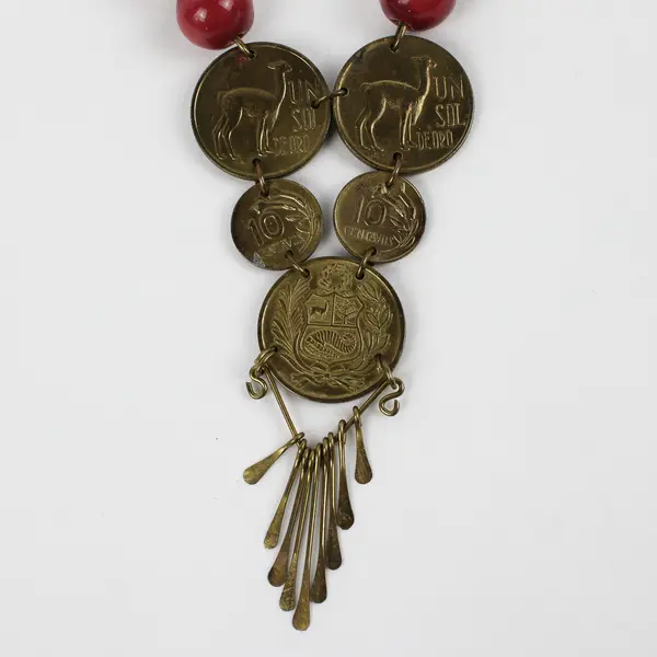 Vintage Peruvian Sol Coin Pink Ceramic Beaded Necklace 16.5"