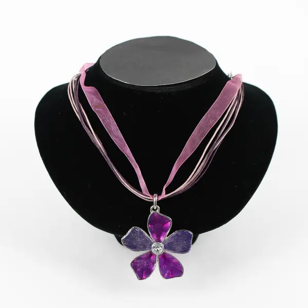 Purple Flower Pendant Multi Strand Ribbon Cord Necklace 19"
