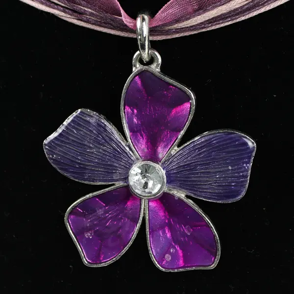 Purple Flower Pendant Multi Strand Ribbon Cord Necklace 19"