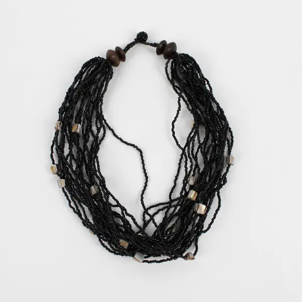 Multi-Strand Black Glass Seed Bead and Abalone Necklace 19"
