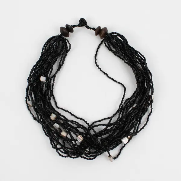 Multi-Strand Black Glass Seed Bead and Abalone Necklace 19"