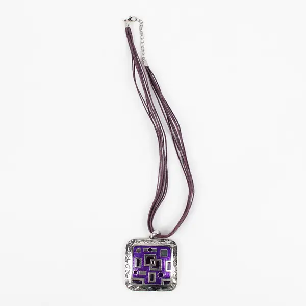 Multi-Strand Purple and Silver-Tone Square Geometric Pendant Necklace 18"