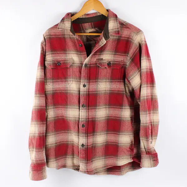 Orvis Red Beige and Brown Plaid Long-Sleeve Button-Up Men's Medium