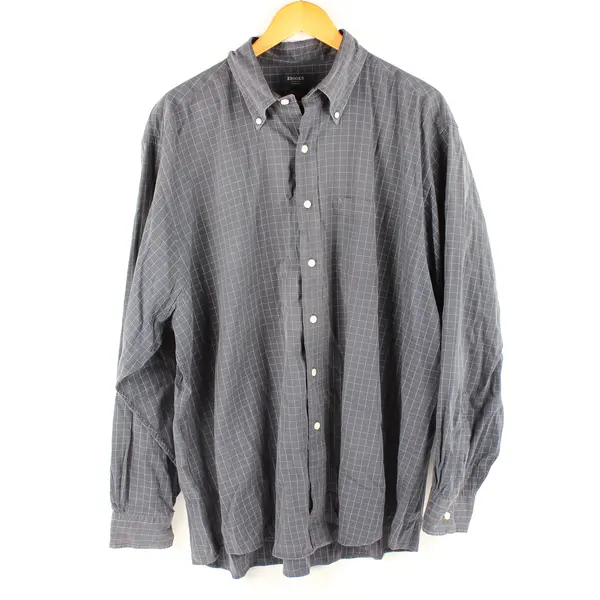 Brooks Sport Navy Blue Grid Pattern Long-Sleeve Button-Down Men's XL