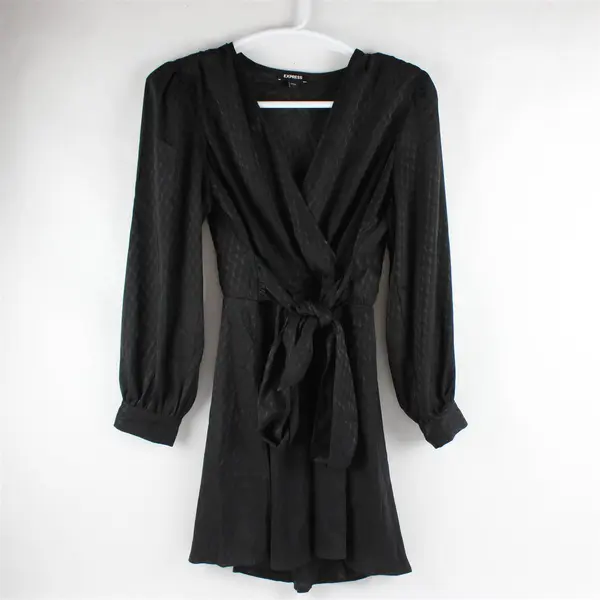 Express Black Houndstooth Tie Waist Plunge Knee-Length Dress Women's Large