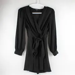 Express Black Houndstooth Tie Waist Plunge Knee-Length Dress Women's Large