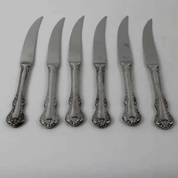 6 Solid Handle Dinner Knives Bradberry RSVP Glossy Stainless Steel Flatware