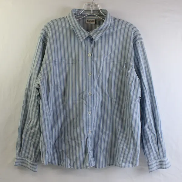 Chico's Blue and White Striped Long-Sleeve Button-Up Pajama Shirt Women's Size 3