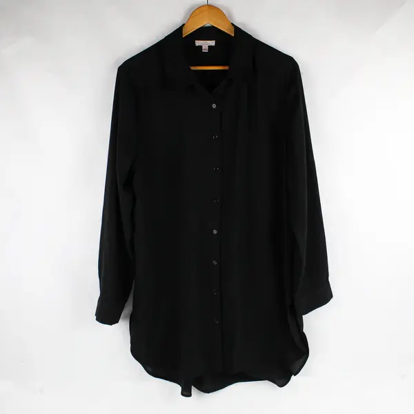 Como Vintage Solid Black Semi-Sheer Long-Sleeved Button-Up Blouse Women's Large