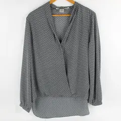 Max Studio Navy Blue and White Long-Sleeved V-Neck Blouse Women's Size Large