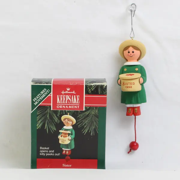 1992 Hallmark Sister Girl with Cat in Basket Keepsake Ornament