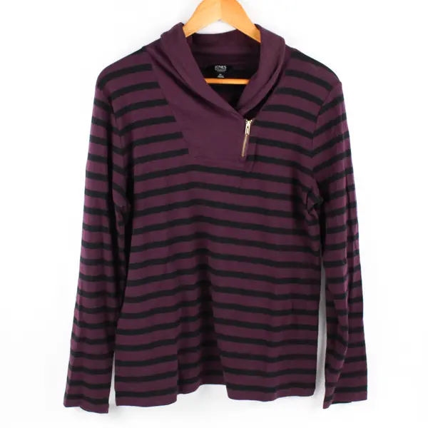 Jones New York Signature Women's XL Purple/Black Stripe Long Sleeve Sweater