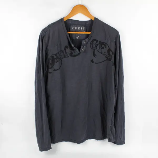 Guess Men's L Gray and Black 100% Cotton Graphic Long Sleeve Shirt