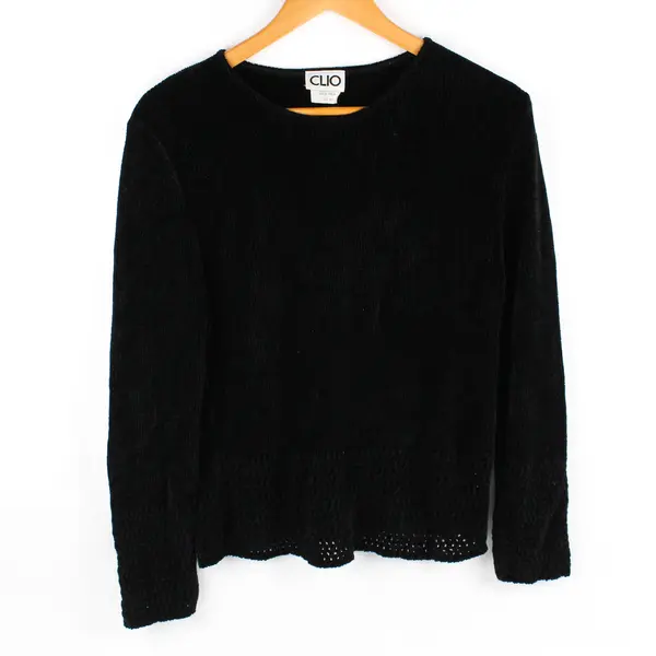 Vintage CLIO Women's M Black Rayon Crochet Long Sleeve Blouse