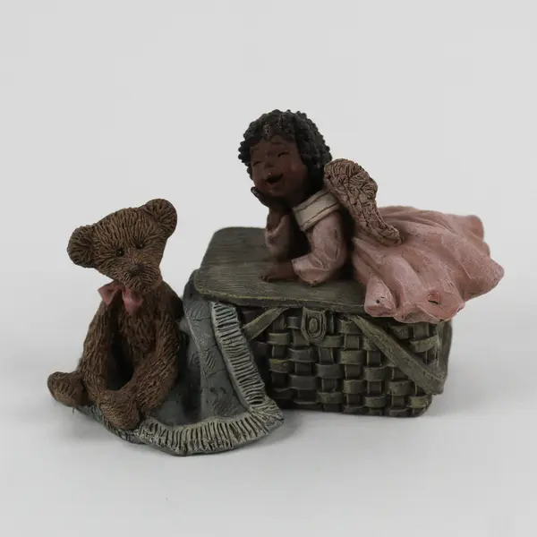 Sarah's Attic Figurine #292 Signed 1997: Bear and Angel Girl on Basket