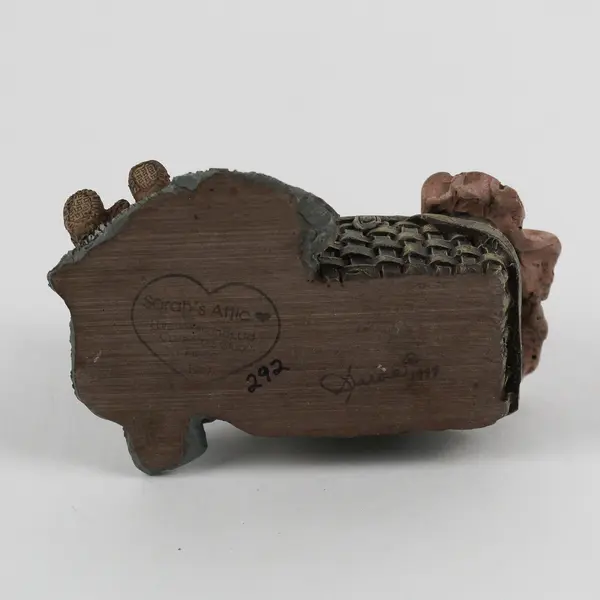 Sarah's Attic Figurine #292 Signed 1997: Bear and Angel Girl on Basket