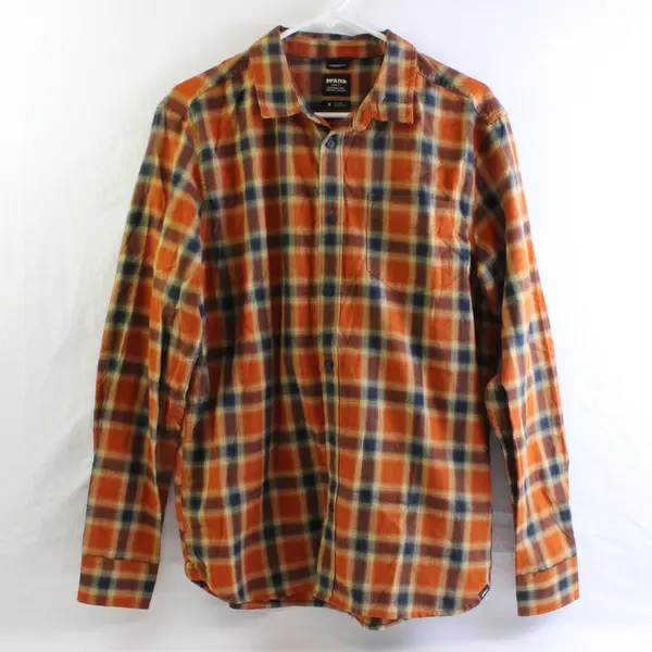 PrAna Men's M Orange Plaid Button Up Collared Shirt Organic Cotton Blend