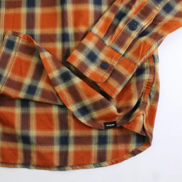 PrAna Men's M Orange Plaid Button Up Collared Shirt Organic Cotton Blend