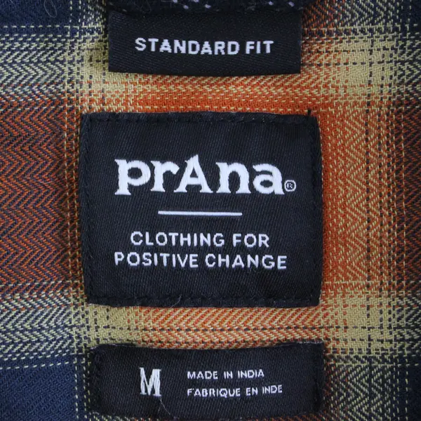 PrAna Men's M Orange Plaid Button Up Collared Shirt Organic Cotton Blend