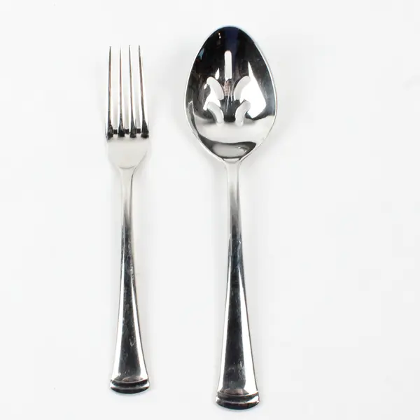Lot of 2 Fortunoff Stainless Pierced Serving Spoon Dinner Fork Flatware