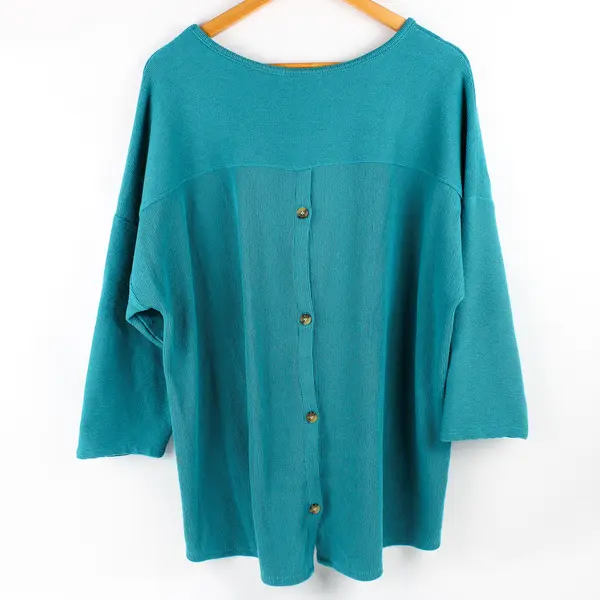 Retrology Women's XL Teal Half Sleeve Functional Button Open Slit Back Blouse
