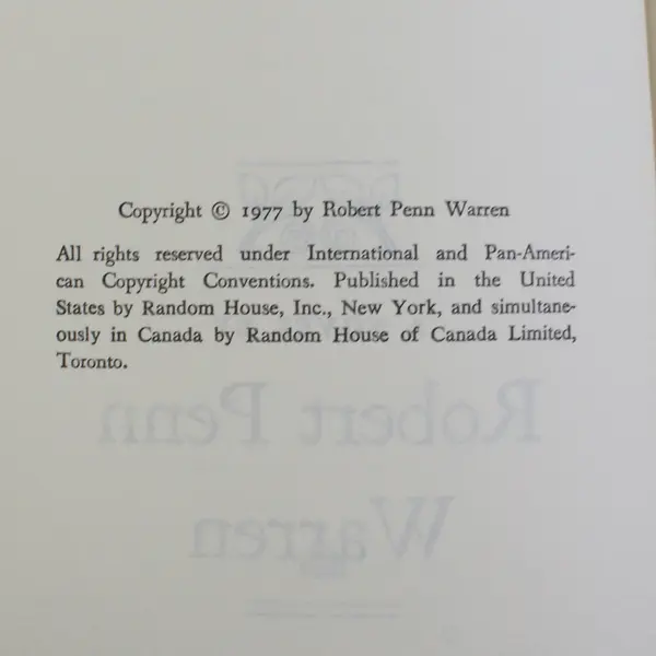 A Place To Come To By Robert Penn Warren 1977 HC DJ