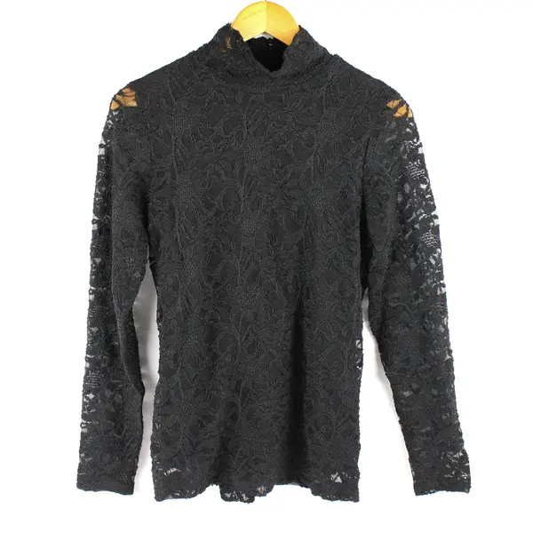 Chico’s Women's 0 Black Semi-Sheer Lace High Neck Long Sleeve Blouse