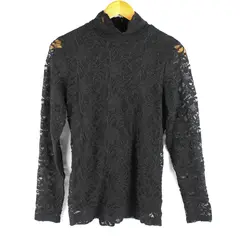 Chico’s Women's 0 Black Semi-Sheer Lace High Neck Long Sleeve Blouse