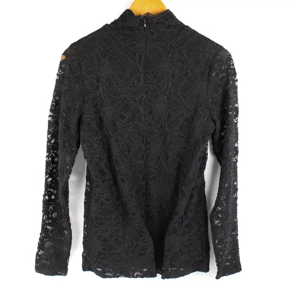 Chico’s Women's 0 Black Semi-Sheer Lace High Neck Long Sleeve Blouse