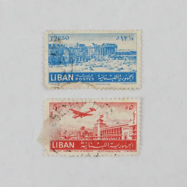 Lot Of 2 Lebanon Liban 25p 50p Stamps Used 1950s Baalbek Temple Beirut Airport
