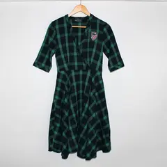 T&C.G Women's L Green Plaid Short Sleeve Fit & Flare Dress w/Pockets