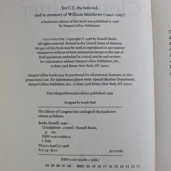 Cloudsplitter by Russell Banks Historical Fiction 1999 Paperback Good