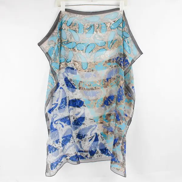 Gray Turquoise and Blue Sheer Abstract Print Square Scarf 30" x 30"