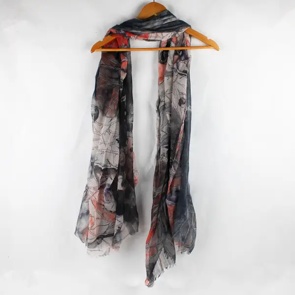 Blue and Orange Sheer Scarf Woodland Birds Print 46" x 72"