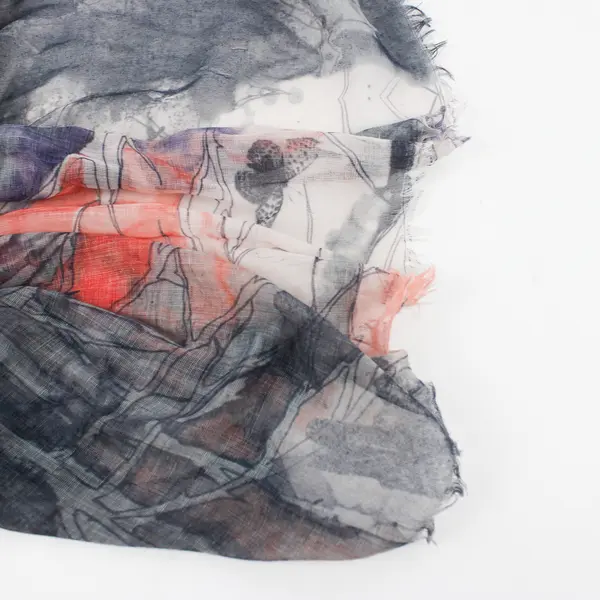 Blue and Orange Sheer Scarf Woodland Birds Print 46" x 72"