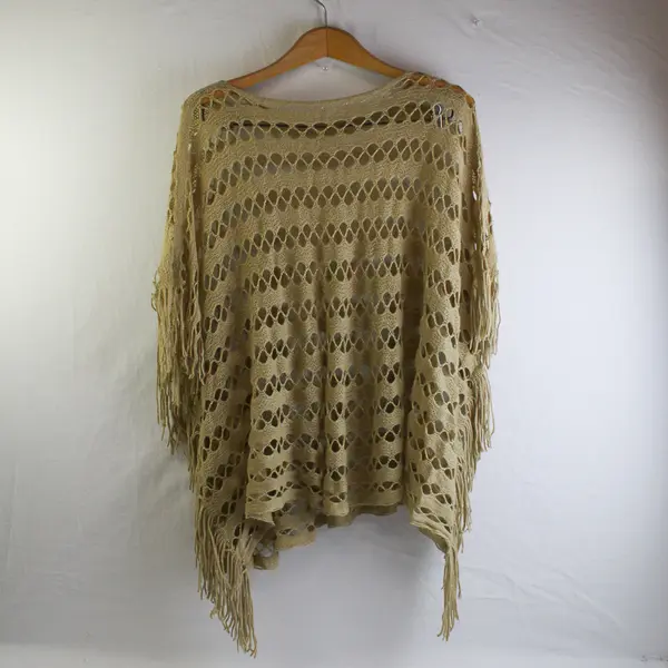 Women's Beige and Gold Metallic Open Knit Fringed Poncho One Size