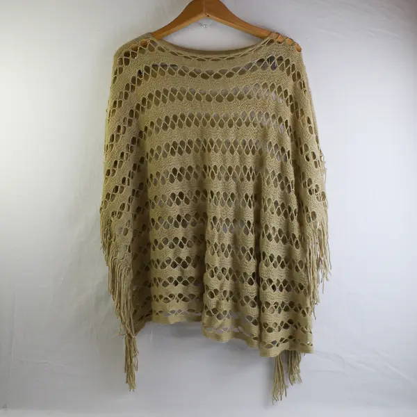 Women's Beige and Gold Metallic Open Knit Fringed Poncho One Size