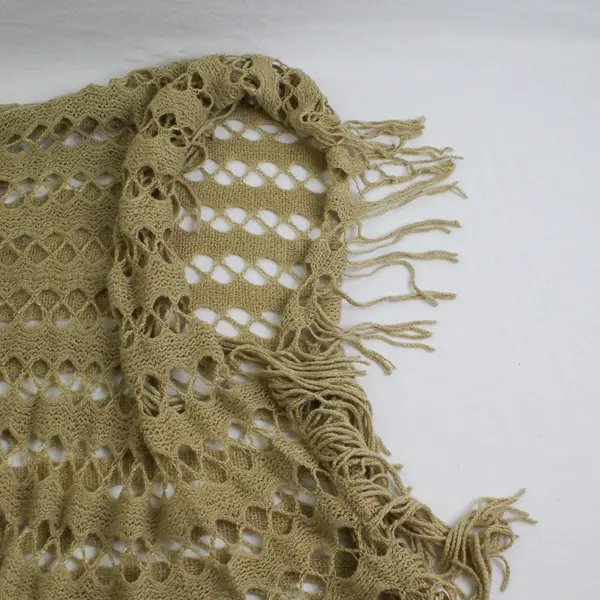 Women's Beige and Gold Metallic Open Knit Fringed Poncho One Size