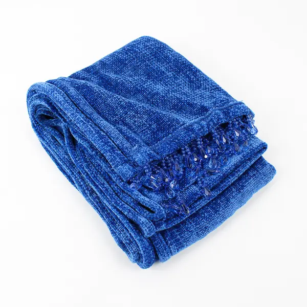 Women's Blue Beaded Fringe Knit Scarf 13" x 74"