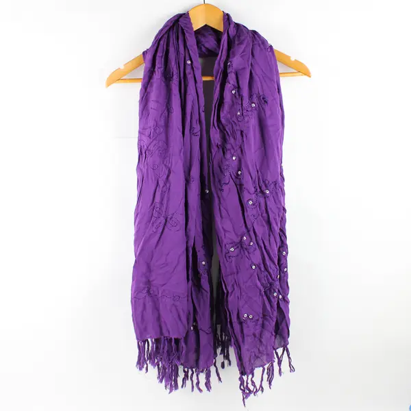 Women's Embroidered Sequin Fringed Purple Scarf 48" x 66"