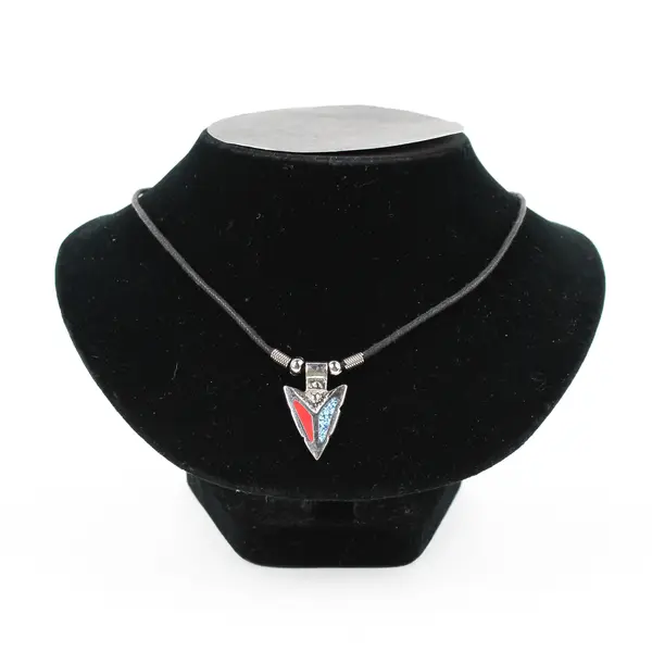 Turquoise & Coral Necklace Silver Tone 9 Inches Arrowhead Pendant