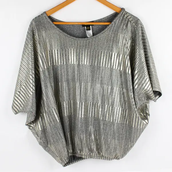 Vintage Espresso Gray and Gold Metallic Short Dolman Sleeve Top Women's Large