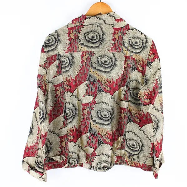 Chico's Design Red and Gold Floral Pattern Button-Front Jacket Women's Size 2