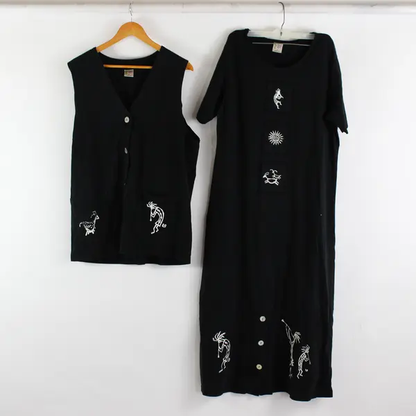 VTG Cactus California 2 Pc Set Black Cotton Vest and Dress Women's Medium FLAWED