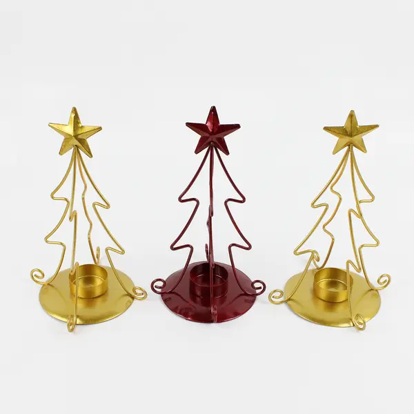 Lot of 3 Metal Christmas Tree Tea Light Candle Holders 8.5" Gold and Red