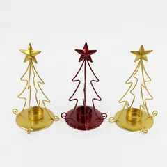 Lot of 3 Metal Christmas Tree Tea Light Candle Holders 8.5" Gold and Red