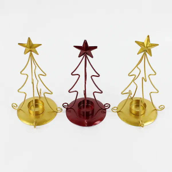 Lot of 3 Metal Christmas Tree Tea Light Candle Holders 8.5" Gold and Red