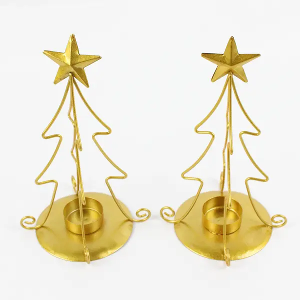 Lot of 3 Metal Christmas Tree Tea Light Candle Holders 8.5" Gold and Red